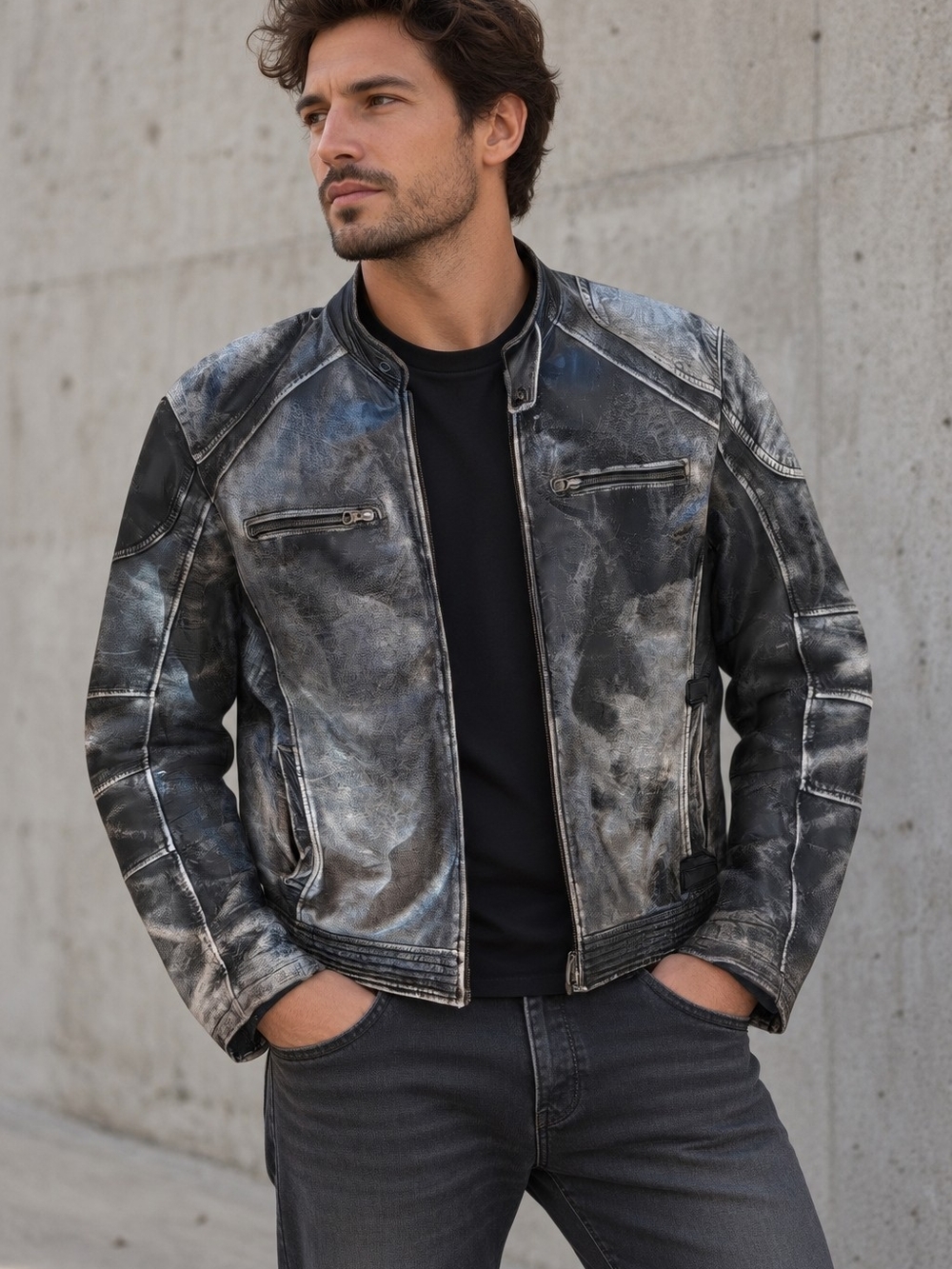 Danier XL Black Distressed Leather Bomber Jacket